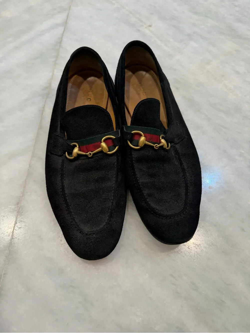Gucci Black Suede Loafers with Red-Green Web and Gold Horsebit